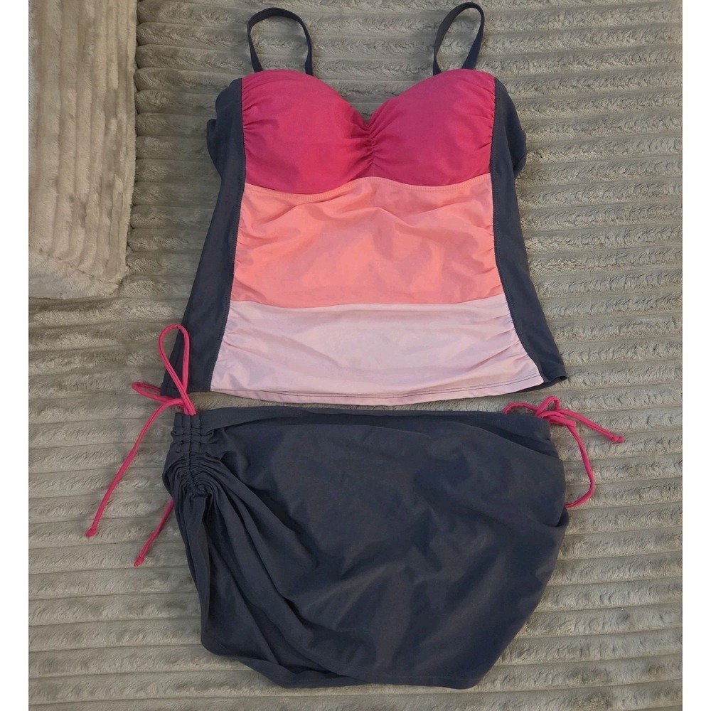 Women's Gray And Pink Tankini 2-piece Bathing Suit Size Large Underwire Bra